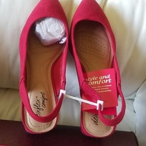 Red suede sling shoe